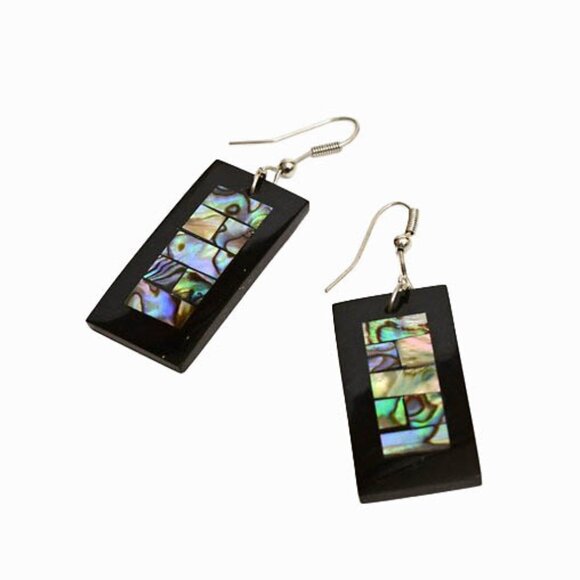 Vintage Jewelry - VINTAGE 80’s Lee Sands Rectangular Pierced Earrings-Black with Inlaid Abalone